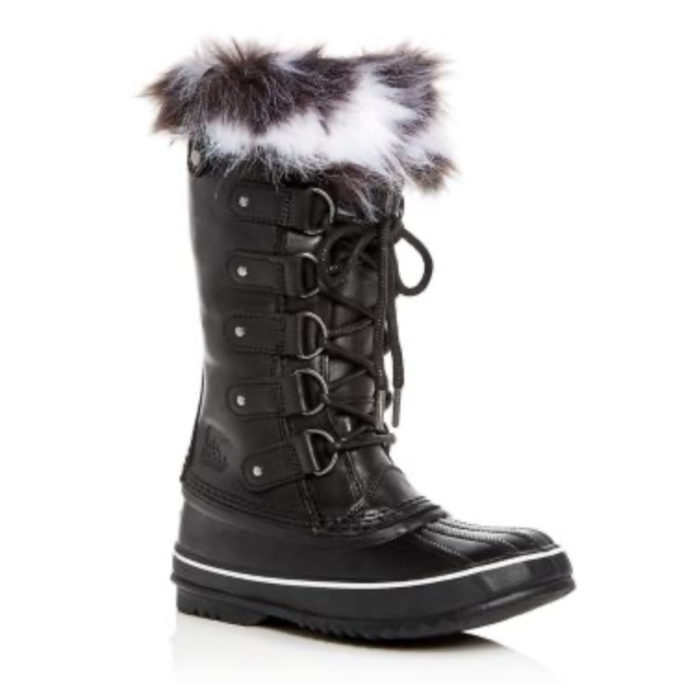 Sorel Joan of Arctic Lux Leather Black and White Fur-Trimmed Winter Boots